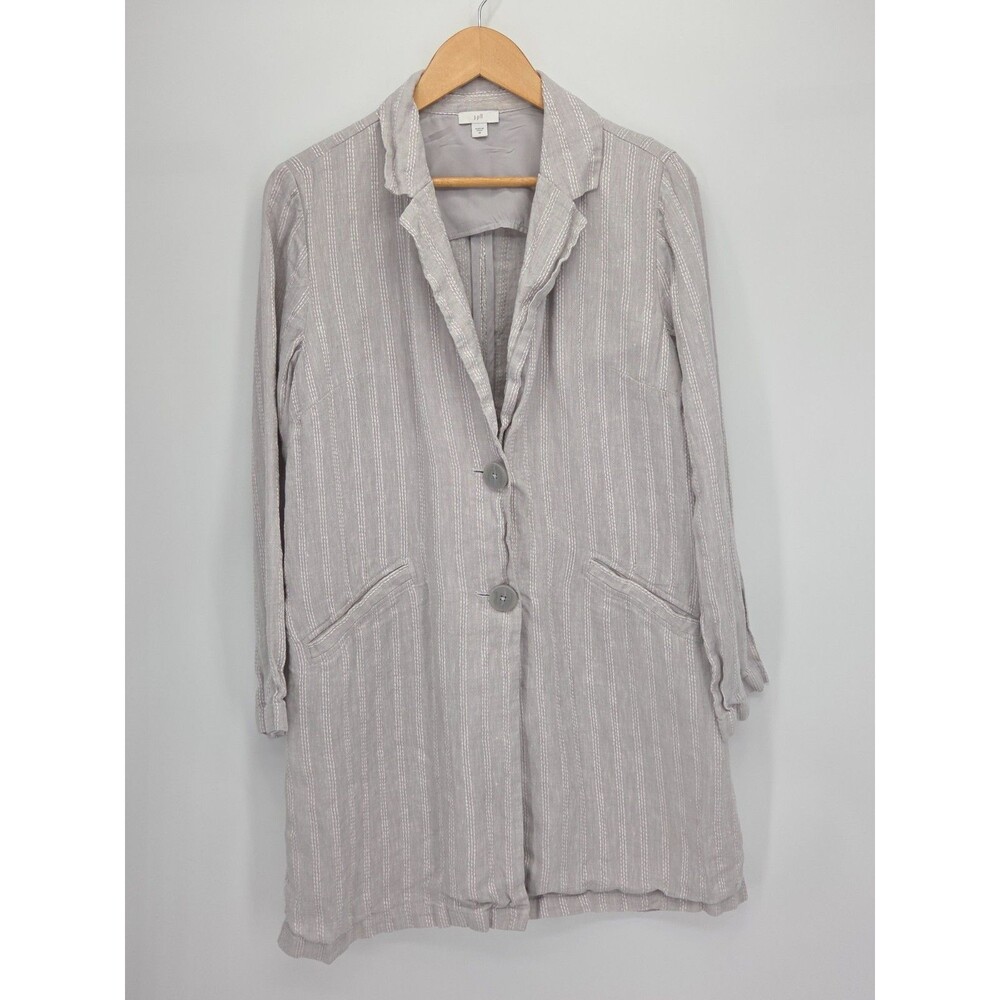 J Jill Womens 100% Linen Striped Duster Jacket Light Gray Pockets Size Medium